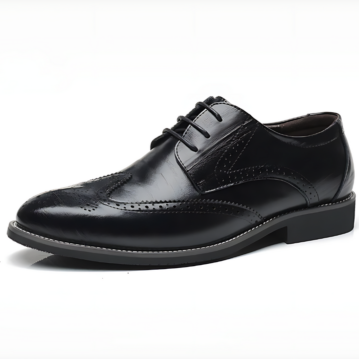 Versatile black men's brogue oxfords, a classic, comfortable dress shoe for formal occasions.