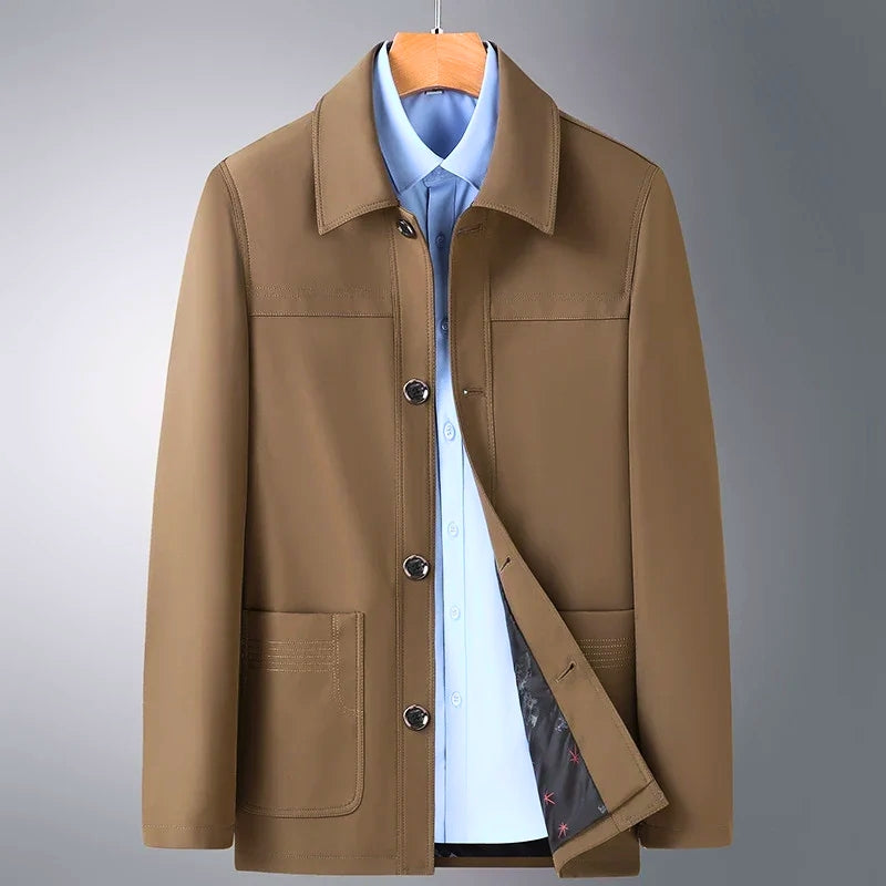 Men's Arlan Ridge all-season versatile coat in classic khaki, perfect for stylish business casual outerwear.