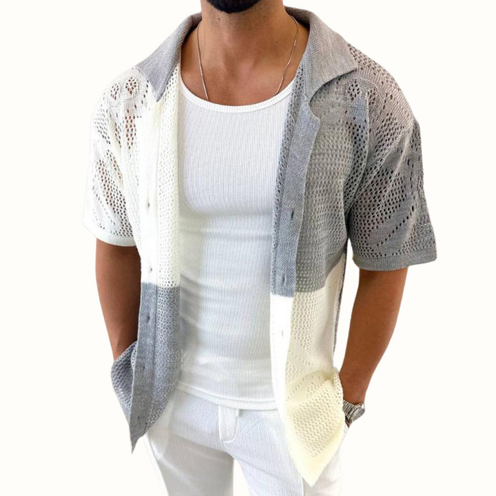 Casa Milo men's breathable shirt, short sleeve, with unique perforated design. Perfect casual summer menswear.