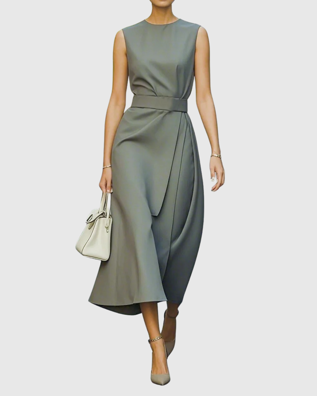 Sleek women's sleeveless round neck midi dress, below-knee length with a practical side zip for easy wear.