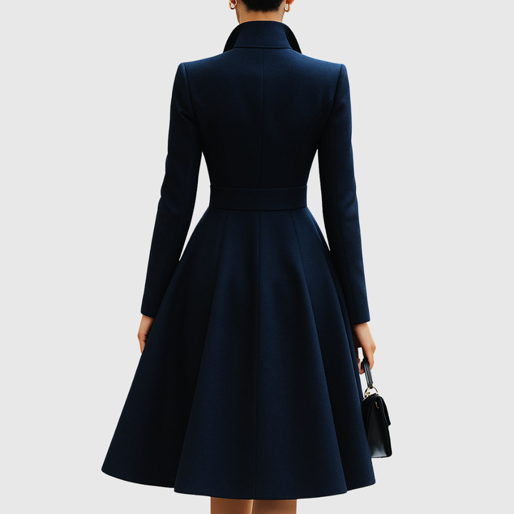 Elegant women's navy long sleeve midi coat dress, tailored with classic collar and front button detailing. Sophisticated.