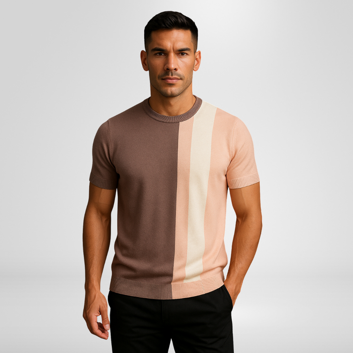 Comfortable men's long sleeve black and pink color block crewneck sweater, ideal for stylish fall & winter fashion.