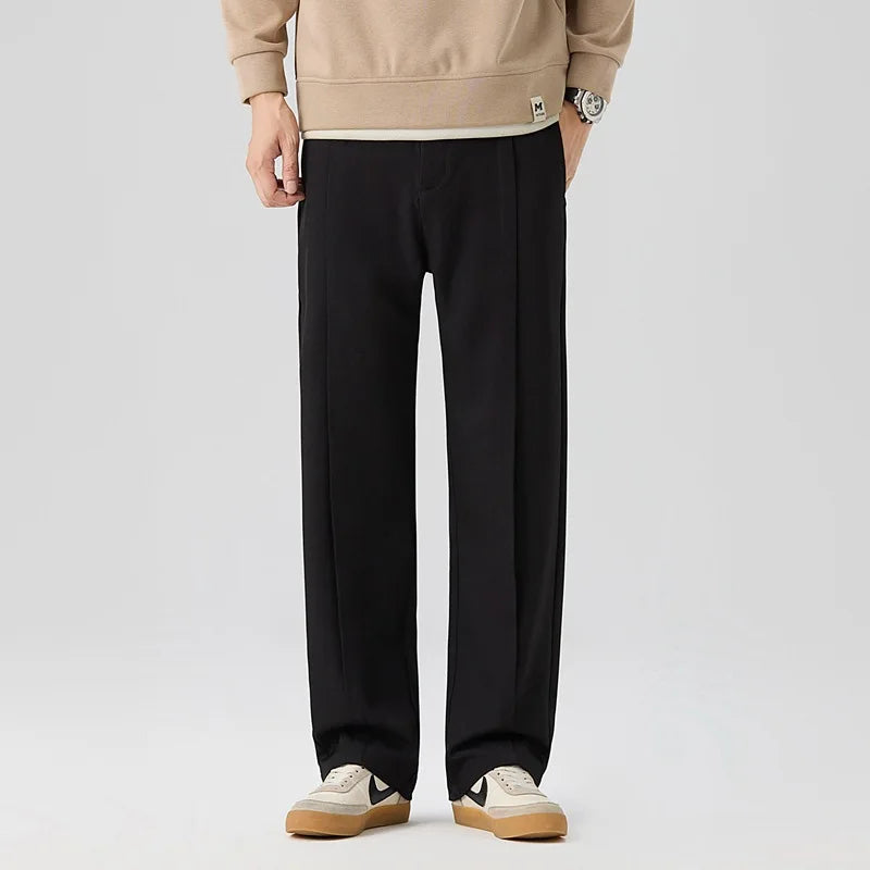 Khaki men's pleated drape trousers with a relaxed fit, perfect for comfortable, stylish wear.