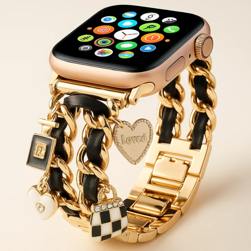 Elegant rose gold charm smartwatch band with customizable evil eye jewelry accessory for any smartwatch.