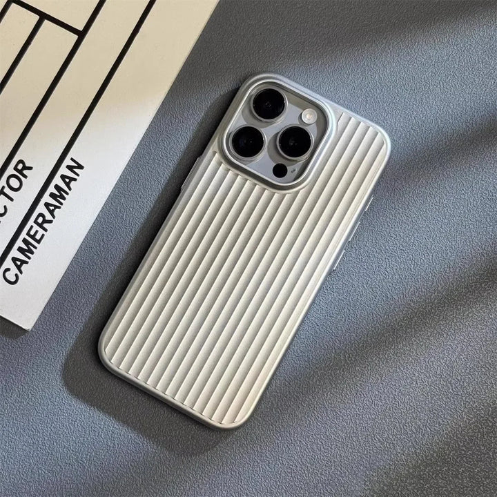 Close-up of textured surface of Men's Titanium Shield Pro iPhone case, showing its premium titanium finish.