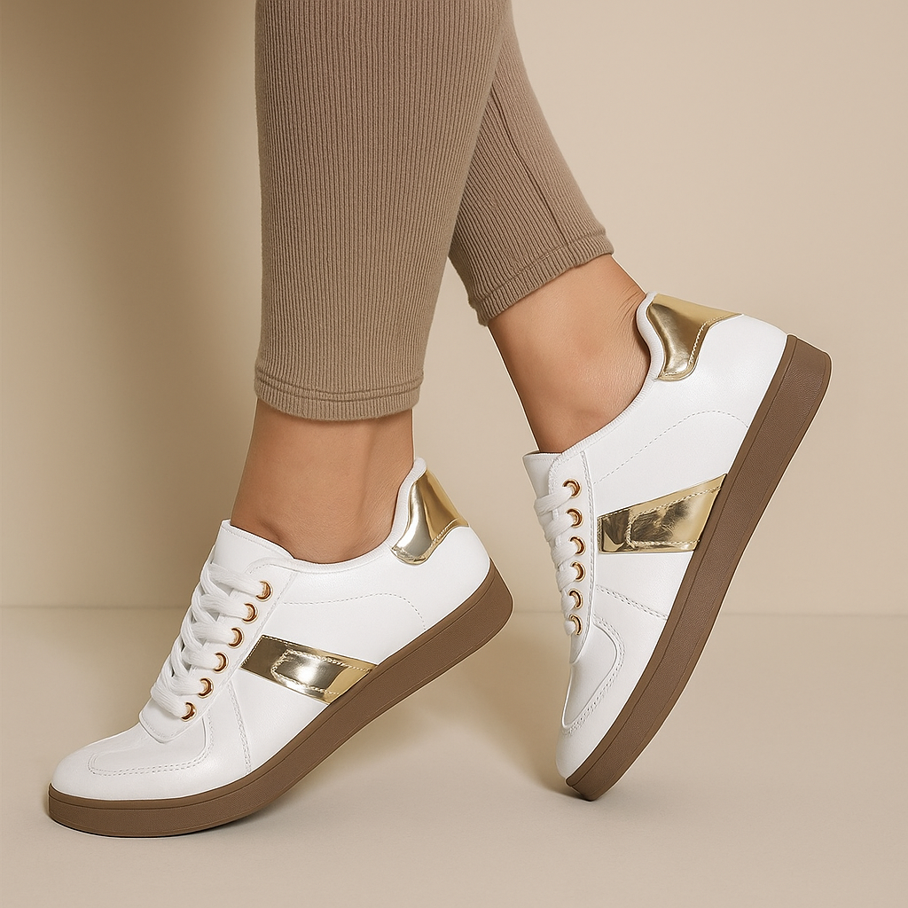 Modern black women's walking sneakers with gold accents, perfect for daily comfort.