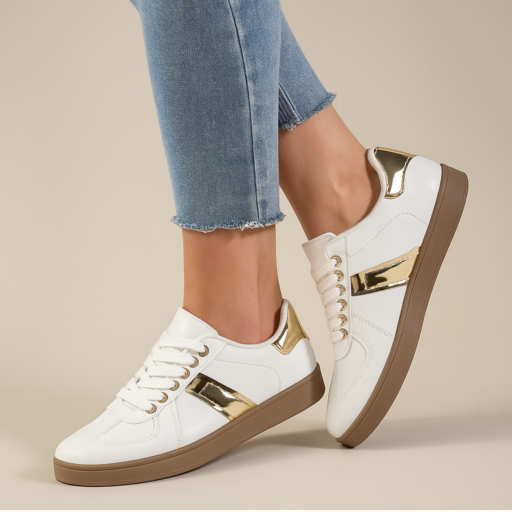 Women's stylish black & gold everyday comfort sneakers for casual wear.