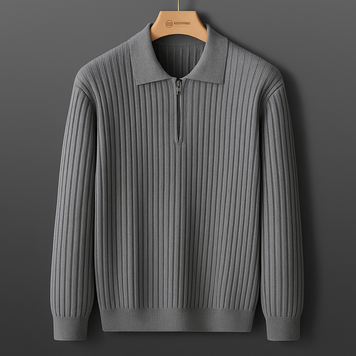 Classic men's long sleeve ribbed knit polo shirt. Comfortable cotton blend casual top for daily fashion.