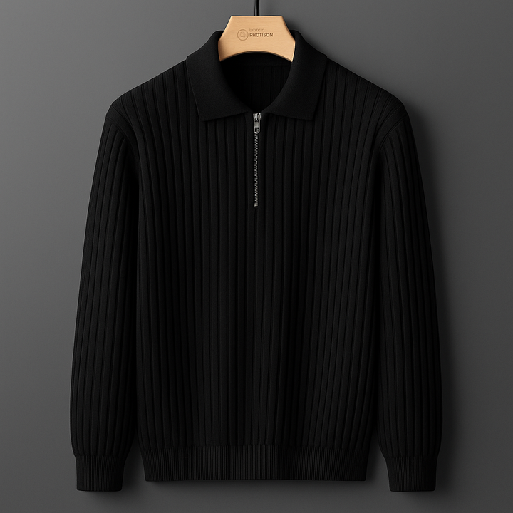 Ribbed texture men's long sleeve knit polo shirt. Cotton blend comfort fit for stylish casual everyday wear.