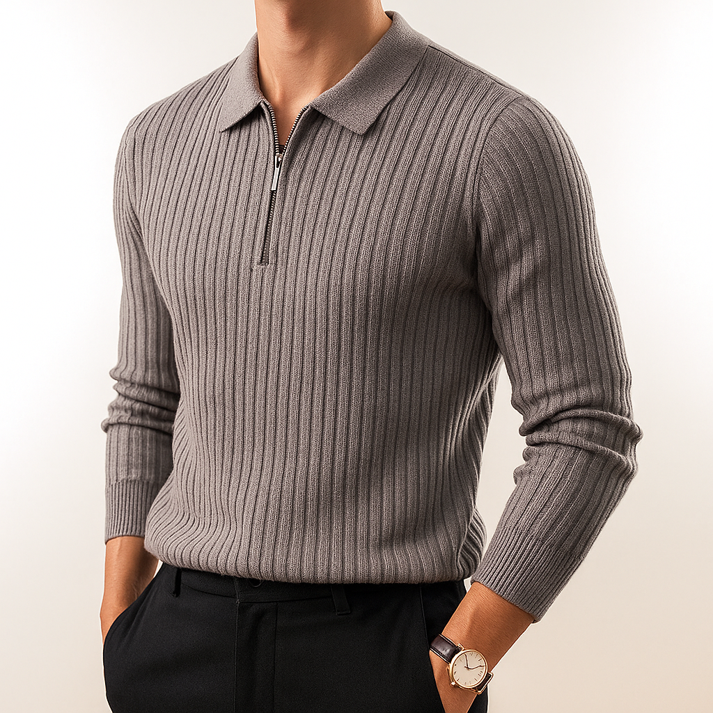 Long sleeve men's ribbed knit polo shirt. Comfortable cotton blend casual top, ideal for everyday style.