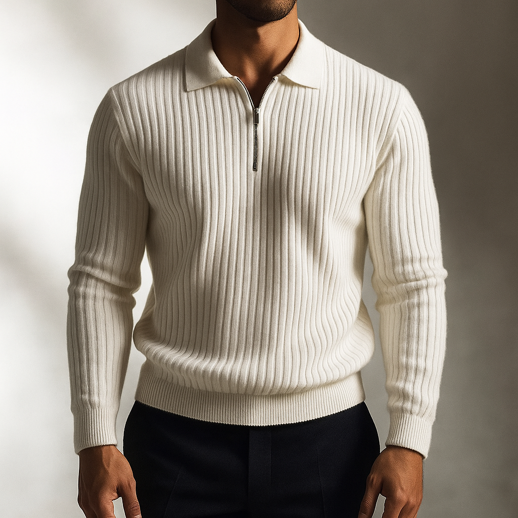 Men's ribbed knit long sleeve polo shirt in cotton blend. Stylish, comfort fit casual top for everyday wear.