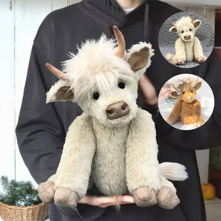 Collectible Highland cow plushie featuring a beautiful flower crown. Artisan handcrafted soft toy, great unique gift.