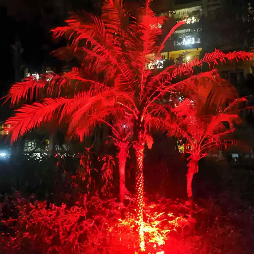 Durable waterproof outdoor LED spotlight, providing reliable RGB & warm white landscape lighting for all weather.