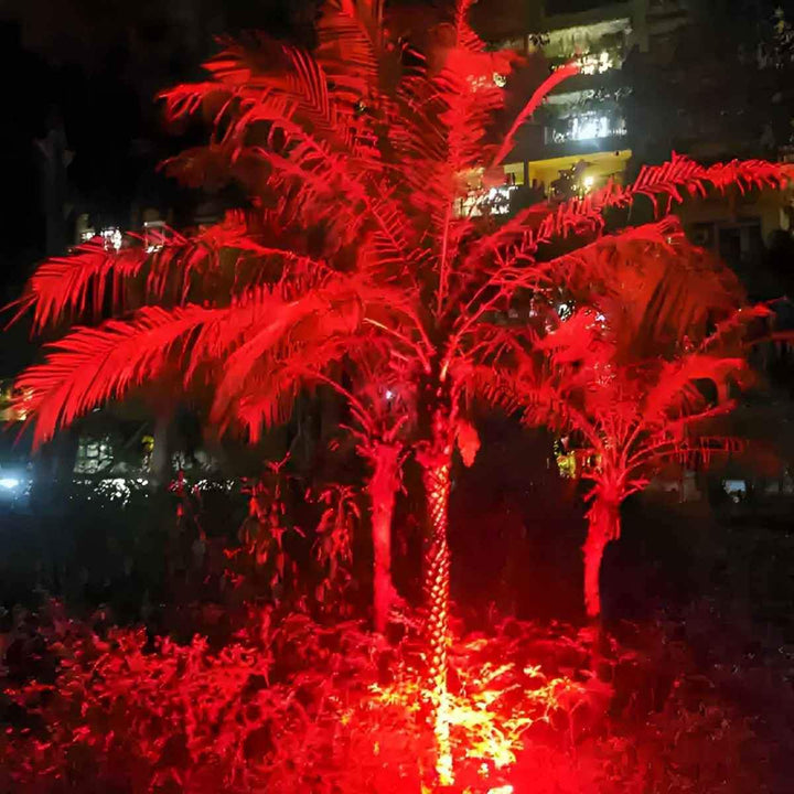 Durable waterproof outdoor LED spotlight, providing reliable RGB & warm white landscape lighting for all weather.