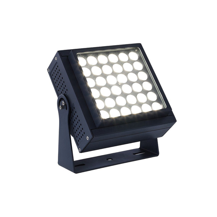 Vibrant RGB LED landscape spotlight illuminating a garden path, showcasing dynamic color options for exterior decor.