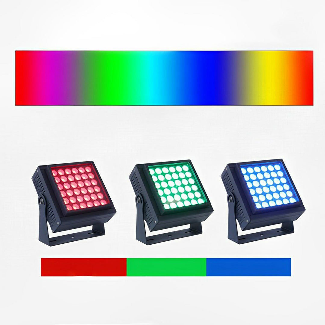 Outdoor LED landscape spotlight with dynamic RGB and warm white light, perfect for garden & architectural lighting.