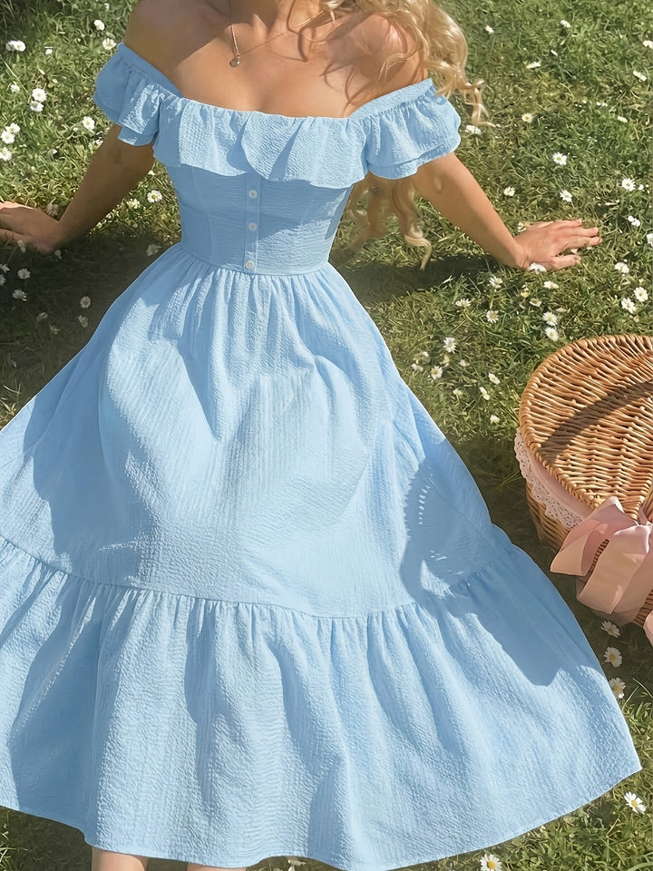 Graceful women's ruffled off-shoulder maxi dress, suitable for formal events, evening wear & vacations.
