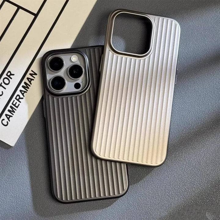 Men's Titanium Shield Pro iPhone cover, showcasing its premium titanium finish & precise cutouts for accessibility.