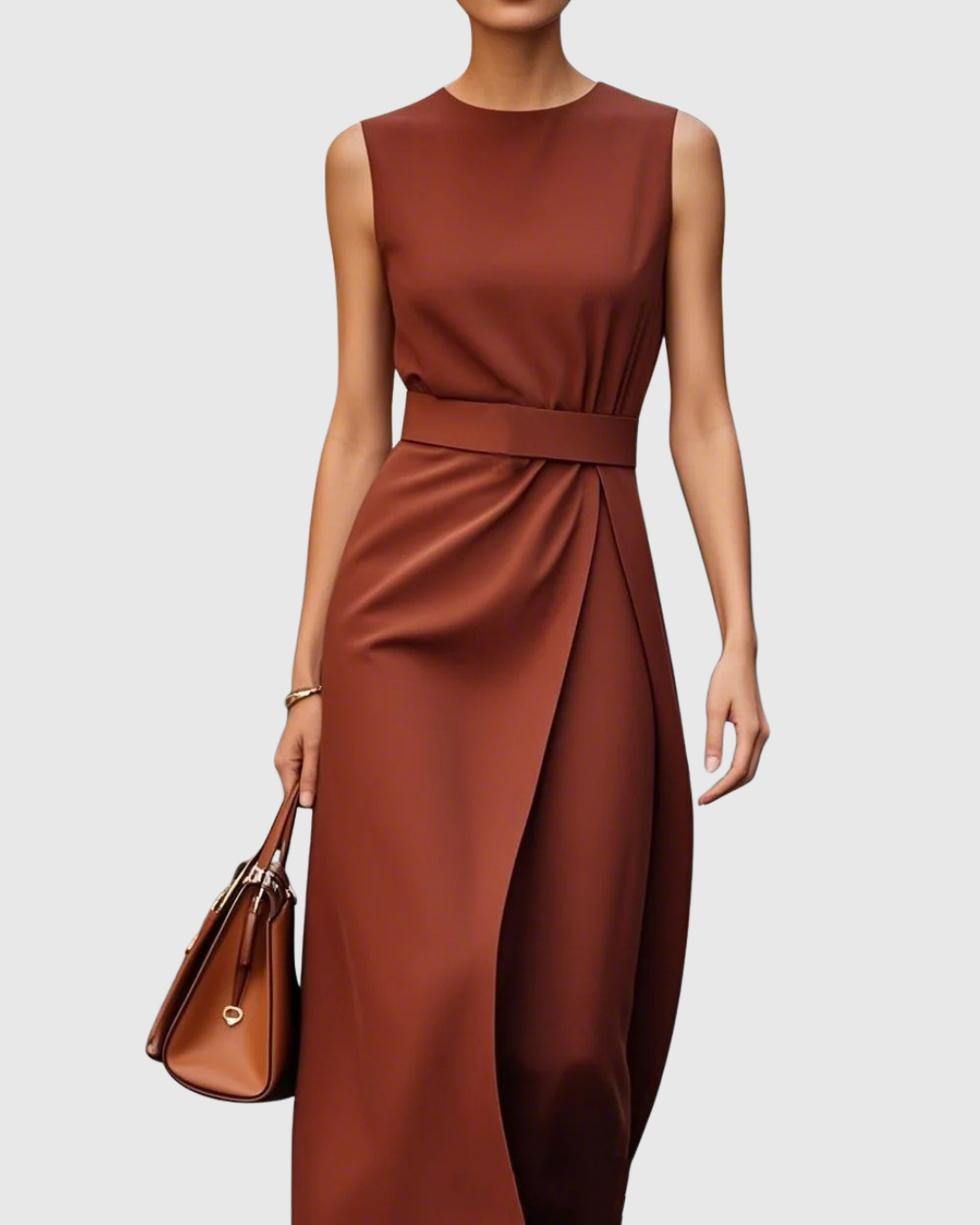 Women's elegant sleeveless round neck midi dress with a pleated waist. Perfect for spring & summer versatility.