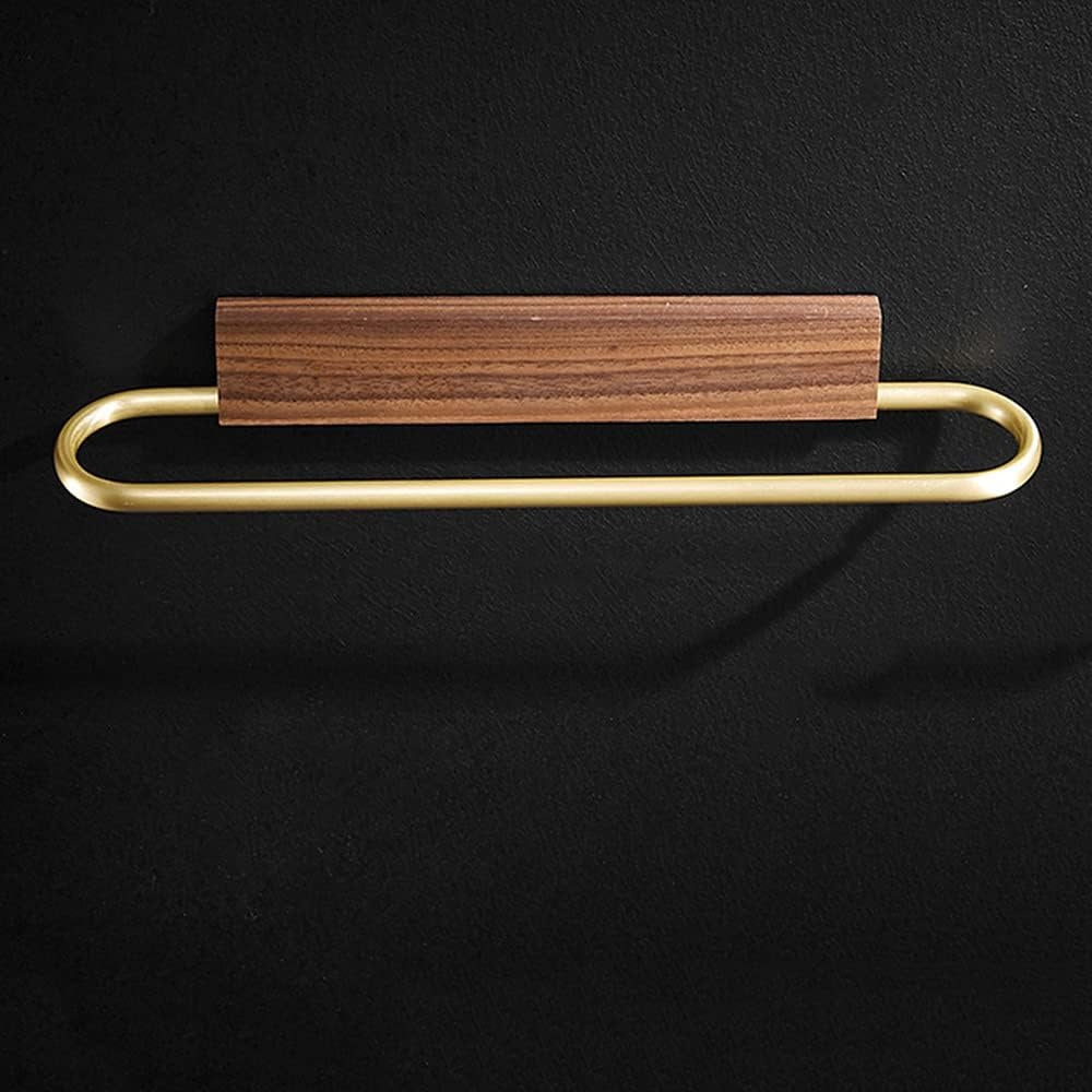 Modern walnut towel bar, wall mounted, with elegant brass hardware. Perfect for minimalist bathroom organization.