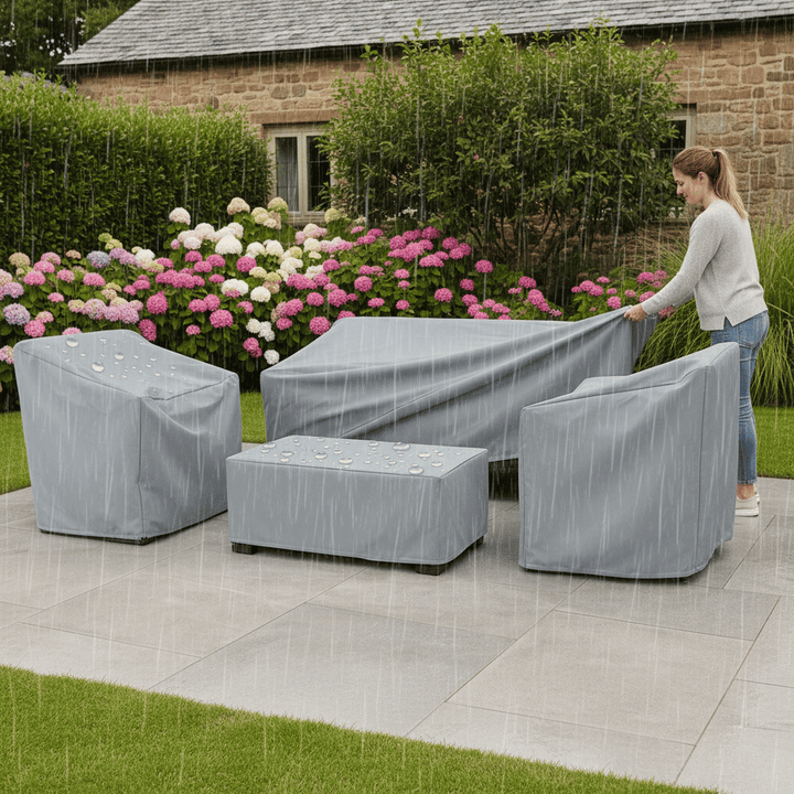 Heavy duty outdoor furniture cover. Weatherproof, UV resistant, water repellent patio protection.