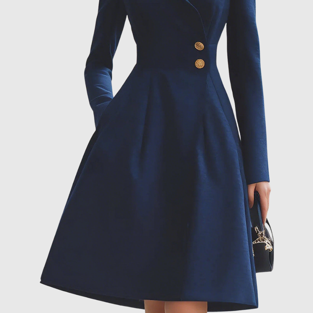 Classic women's navy midi coat dress, tailored with long sleeves, collar, and button front. Versatile for work & events.