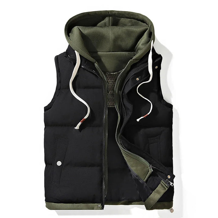 Essential men's hooded puffer vest for autumn and winter, offering comfortable warmth and easy layering.