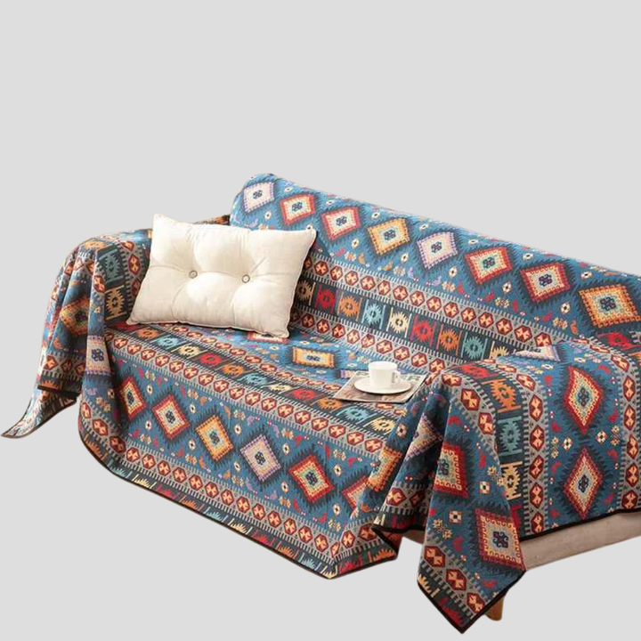 Durable jacquard throw with ethnic geometric pattern. Soft woven Moroccan blanket for sofa, bed, home decor.