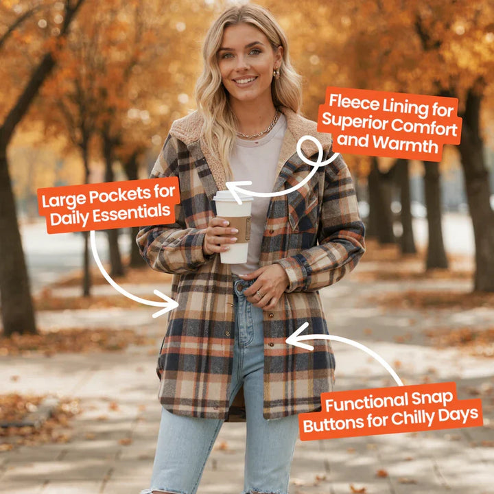 Chic women's oversized plaid shacket with a cozy teddy bear hood, a trendy fall fashion piece.