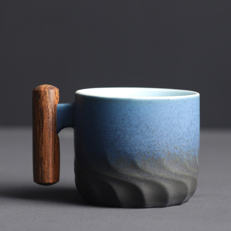 Unisex retro espresso mug with wooden handle, perfect gift for coffee lovers.