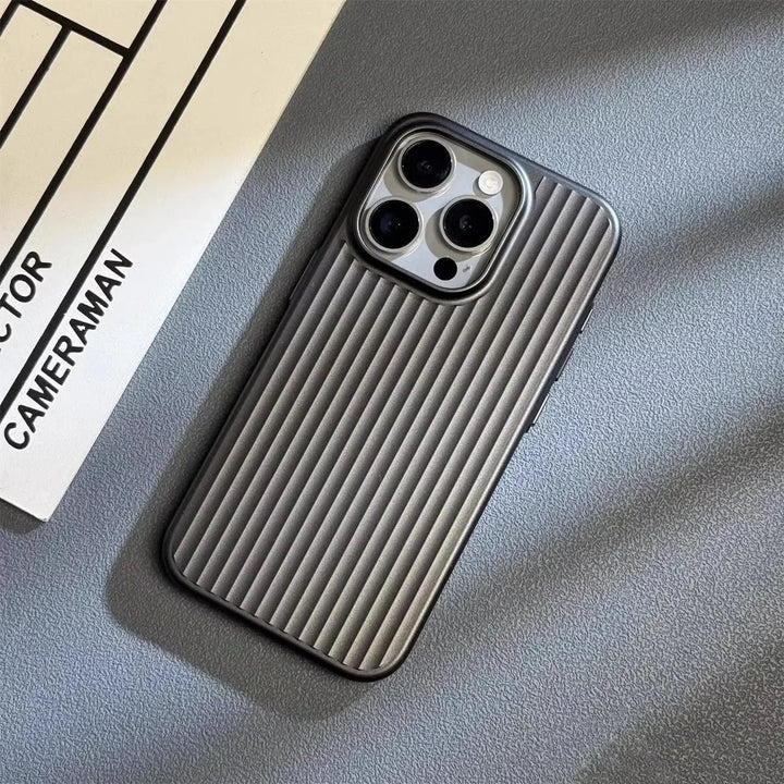 Men's Titanium Shield Pro iPhone case with phone inside, demonstrating perfect fit & comprehensive protective design.