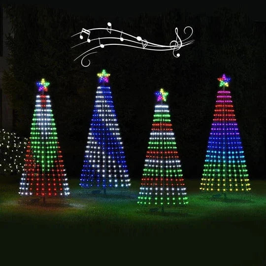 Waterproof multicolor LED animated outdoor Christmas tree lightshow, ideal for festive garden and yard decor.