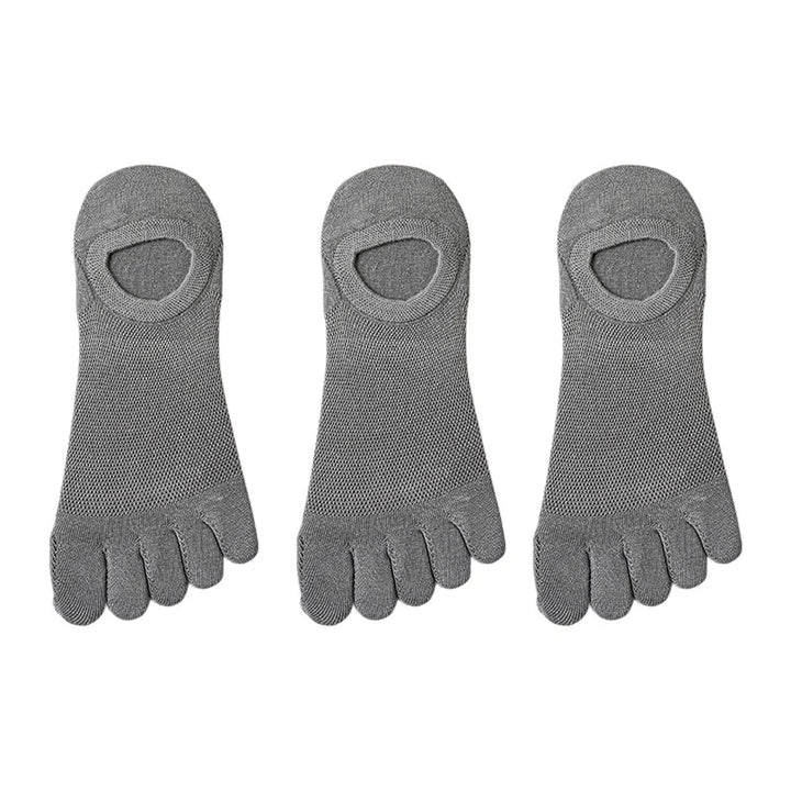 Men's 3-pair toe socks, no-show style. Individual toe sleeves for superior foot comfort, hygiene & flexibility.