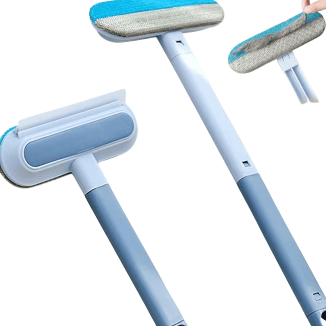 3-in-1 pet hair remover with red handle, cleaning brush, and dust collector for dog & cat hair removal