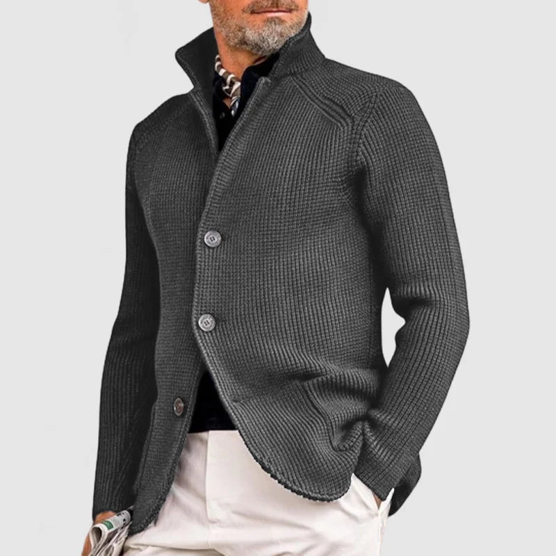 Close-up of men's cozy button-front rib knit cardigan, highlighting the detailed texture.