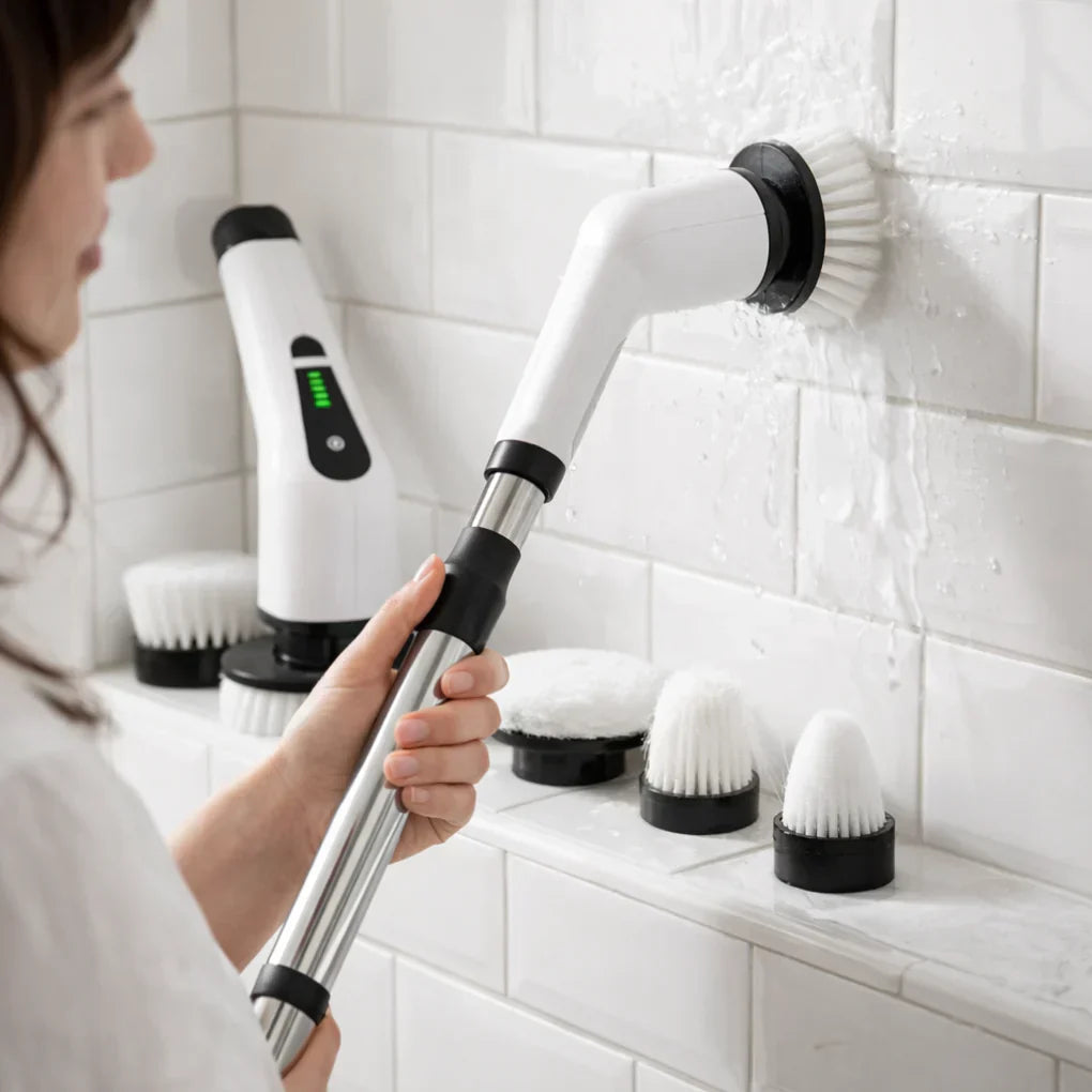 Versatile cordless spin brush for deep cleaning bathrooms, kitchens, and cars. Rechargeable electric scrubber with multiple heads.