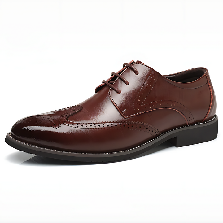 High-quality men's brogue oxford dress shoes in light brown, offering classic style & comfort.