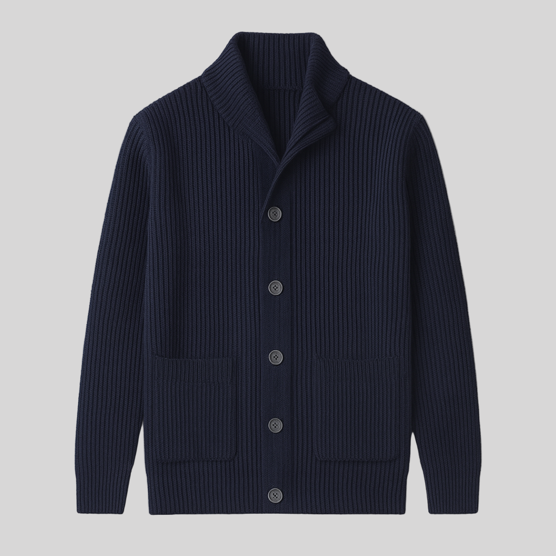 Men's cozy rib knit cardigan with a stylish shawl collar, perfect for fall layering and comfort.