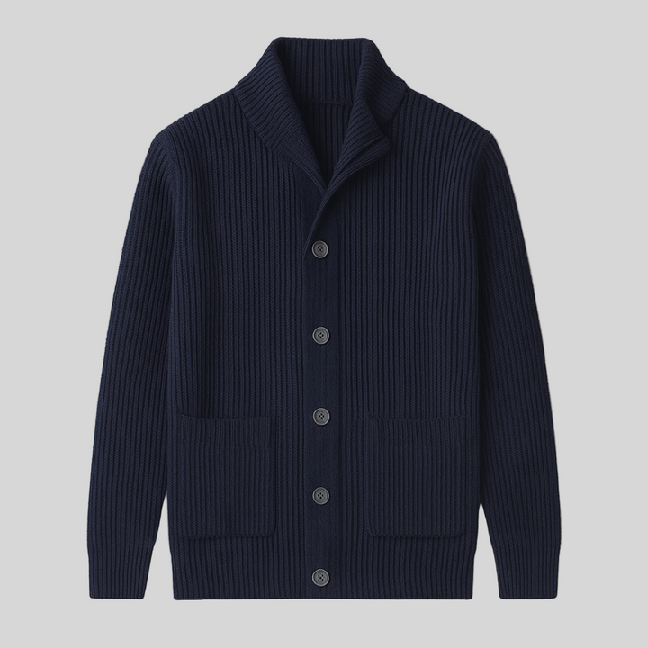 Men's cozy rib knit cardigan with a stylish shawl collar, perfect for fall layering and comfort.