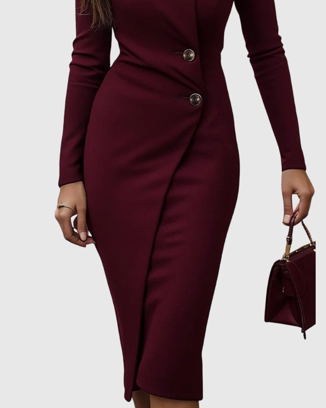 Burgundy women's long sleeve midi dress featuring a flattering wrap style and subtle button embellishments.