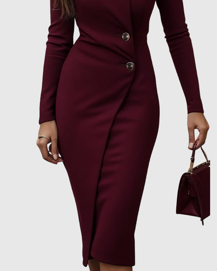 Burgundy women's long sleeve midi dress featuring a flattering wrap style and subtle button embellishments.