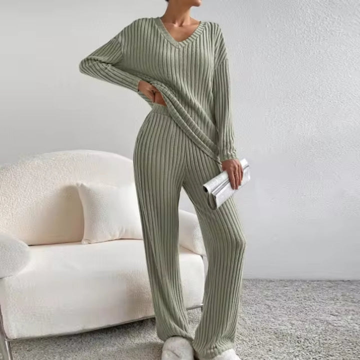 Ribbed knit V-neck sweater from a women's two-piece loungewear set. Cozy & fashionable top for comfortable casual wear.