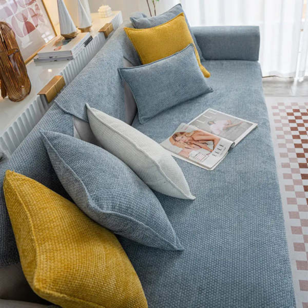 Close-up of soft velvet non-slip sofa cover texture, showcasing secure cushion protection for your living room.