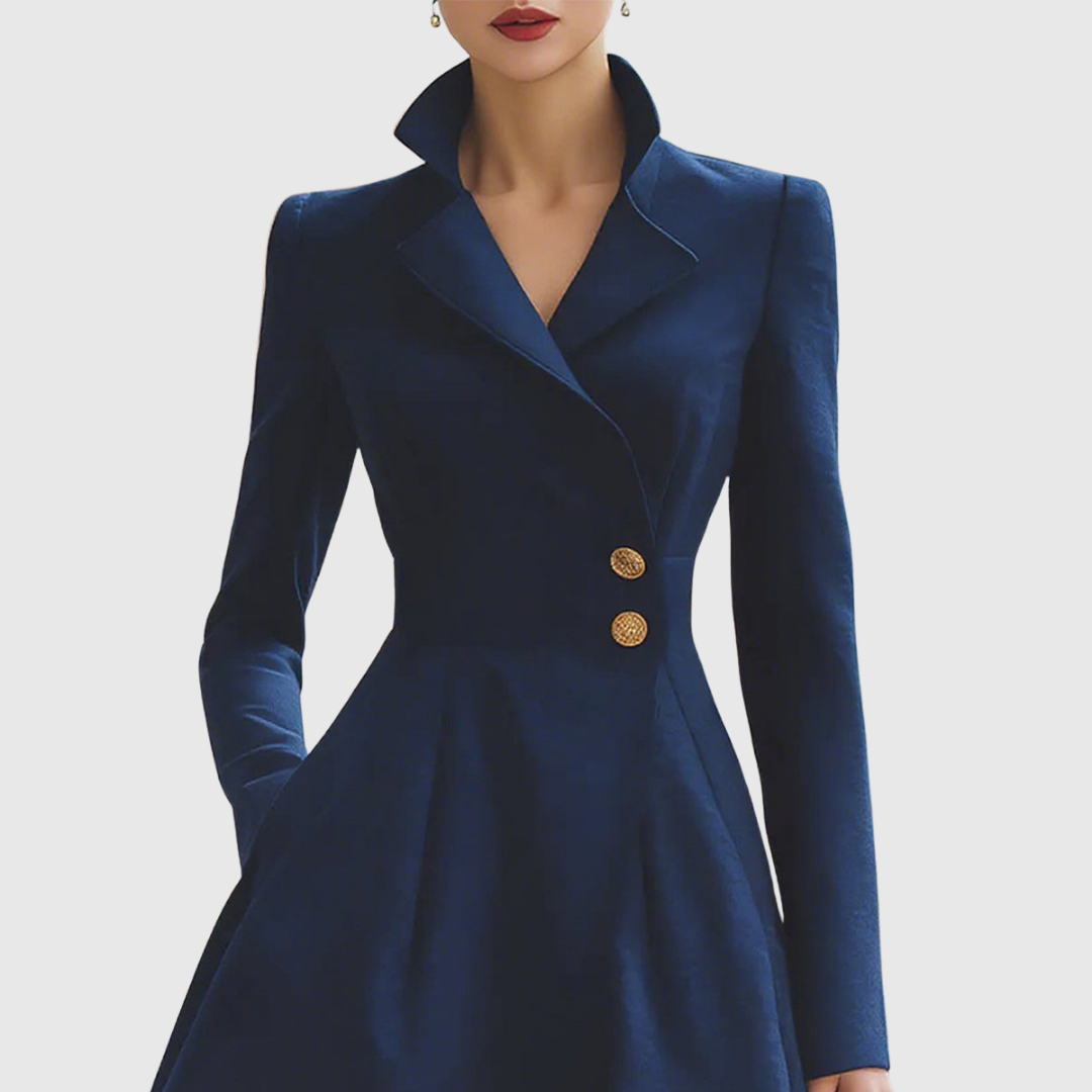 Navy long sleeve tailored coat dress for women, featuring a collar and buttons. Perfect for work, office, or formal events.