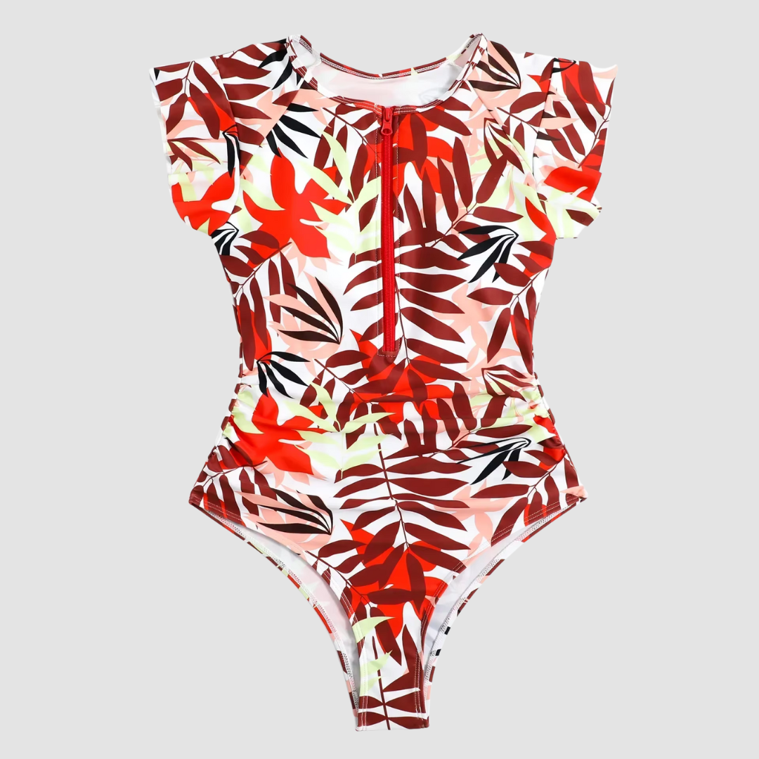 Trendy women's bandeau style zipper one-piece swimsuit, a fashionable choice for summer beach.