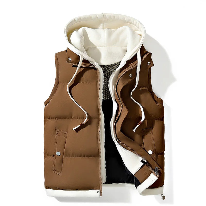 Modern men's hooded puffer gilet, a lightweight zip vest for active fall fashion & casual outdoor layering.