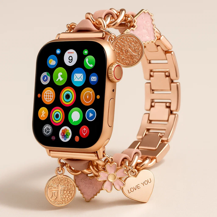 Unisex customizable gold charm smartwatch band, a perfect elegant jewelry gift accessory for any wrist.