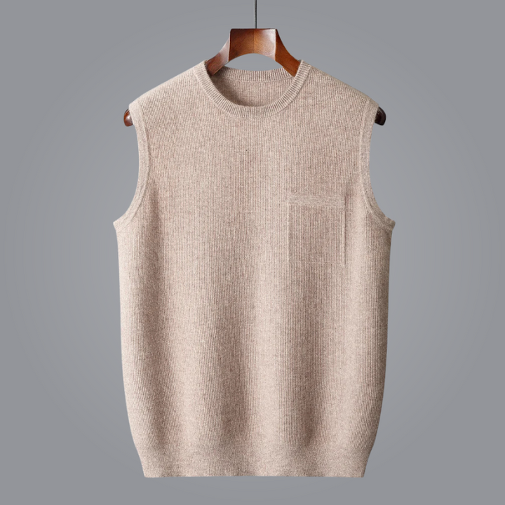 Men's versatile sleeveless crew neck sweater vest in camel, perfect for smart casual or business casual layering.