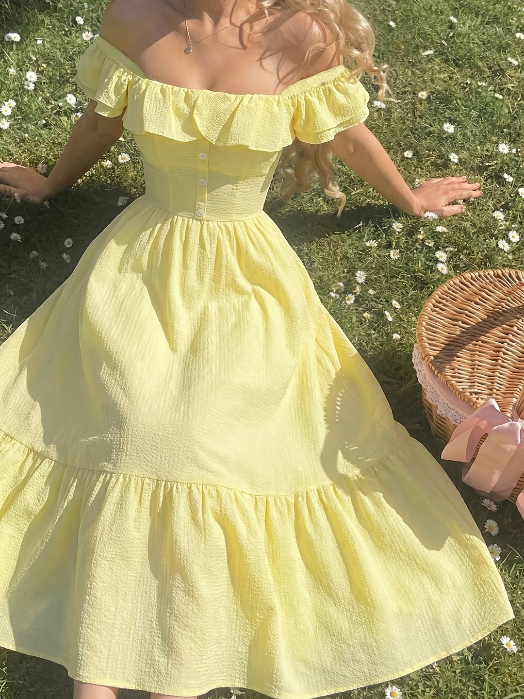 Chic women's off-shoulder maxi dress featuring delicate ruffles. Great for summer, party & formal occasions.