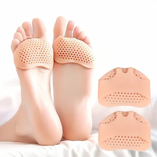 Close-up of clear breathable gel metatarsal pads for forefoot comfort & pain relief. Unisex reusable shoe inserts.